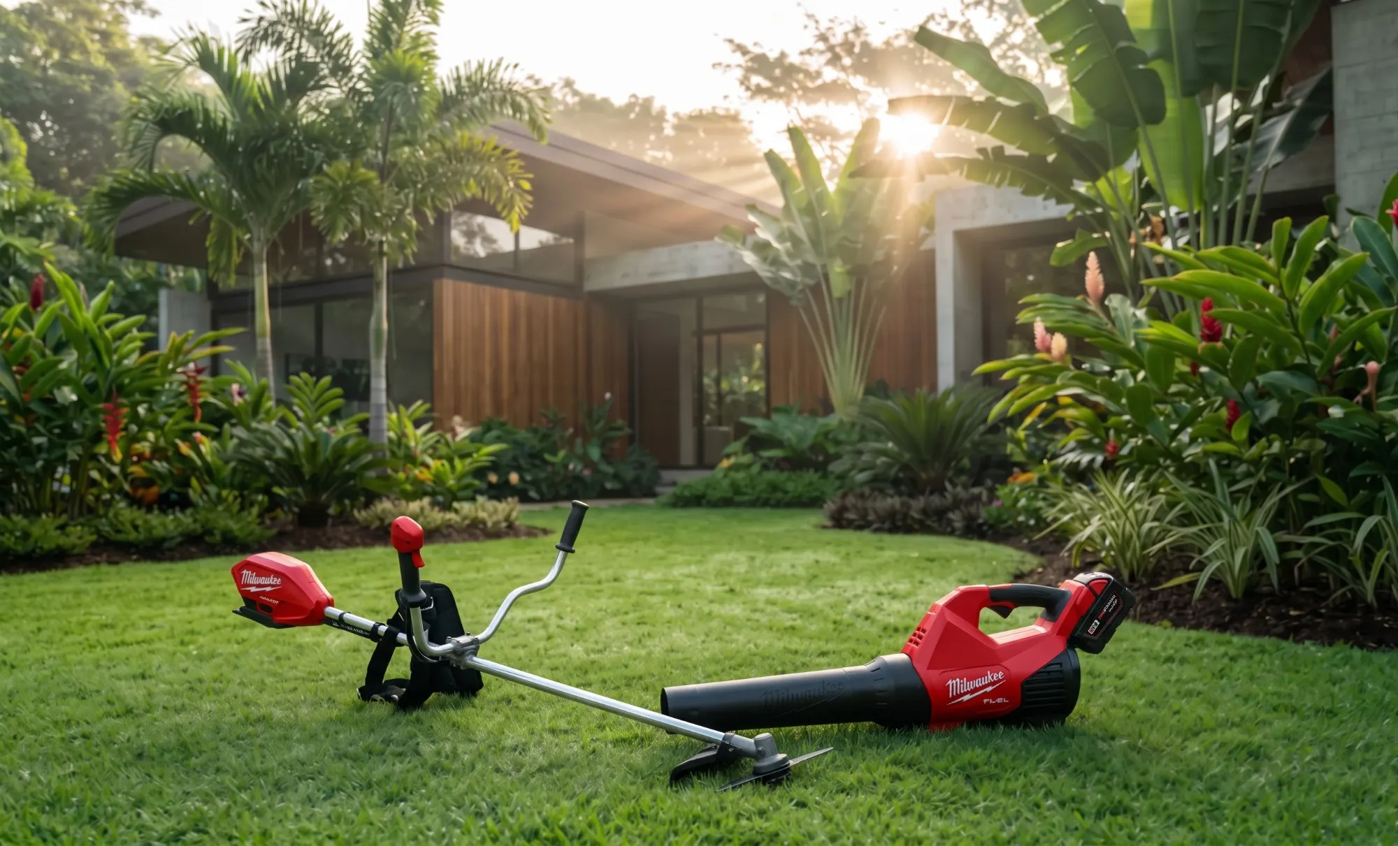Jardín tropical cuidado con una desmalezadora eléctrica sobre el césped